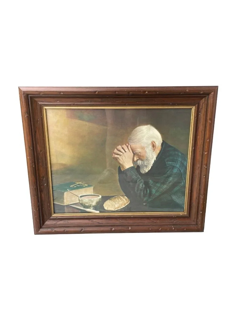 Eric Enstrom Grace Vintage Print Wood Frame Glass 21x25 LARGE Old Man Praying